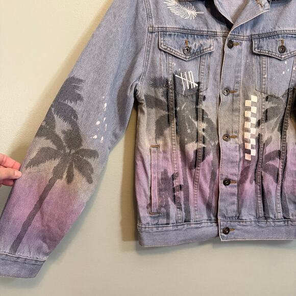 Brooklyn Cloth Co. Trucker Jean Jacket Mens M Blue Denim Graffiti Palm Tropical - Picture 5 of 8